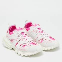 Pre Owned Balenciaga White/Pink Mesh and Faux Leather Track Sneakers Size 38