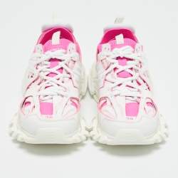 Pre Owned Balenciaga White/Pink Mesh and Faux Leather Track Sneakers Size 38