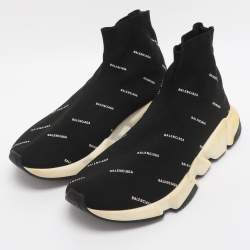 مملوكة مسبقًا حذاء رياضي بالنسياغا شعار مطبوع سريع قماش تريكو أسود مرتفع من أعلى مقاس 39