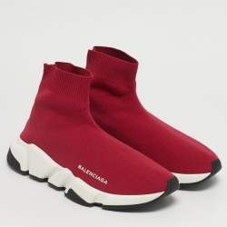 Pre Owned Balenciaga Speed Trainer Size 38 Red Knit Fabric High Top Sneakers
