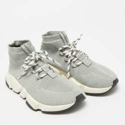Pre Owned Balenciaga Speed Trainer Size 38 Grey Knit Fabric High Top Sneakers