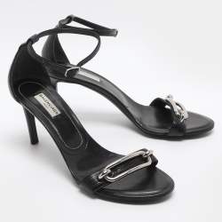 مملوكة مسبقًا صندل بالكعب بكعب بالنسياجا مايلون جلد سحلية أسود مع حزام كاحل مقاس 38.5