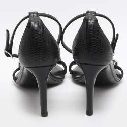 مملوكة مسبقًا صندل بالكعب بكعب بالنسياجا مايلون جلد سحلية أسود مع حزام كاحل مقاس 38.5