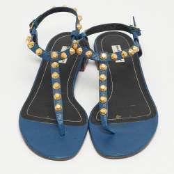 مملوكة مسبقًا صندل بالنسياقا أرينا جلد أزرق مرصع بمشبك حرف تي مسطح مقاس 37.5