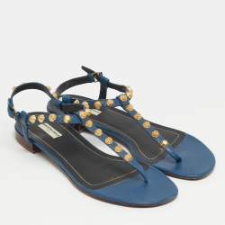 مملوكة مسبقًا صندل بالنسياقا أرينا جلد أزرق مرصع بمشبك حرف تي مسطح مقاس 37.5