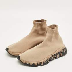 Pre Owned Balenciaga Speed Trainer Size 39 Beige Knit Fabric High Top Sneakers