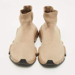 Pre Owned Balenciaga Speed Trainer Size 39 Beige Knit Fabric High Top Sneakers