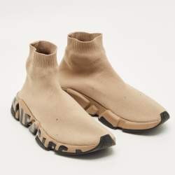 Pre Owned Balenciaga Speed Trainer Size 39 Beige Knit Fabric High Top Sneakers