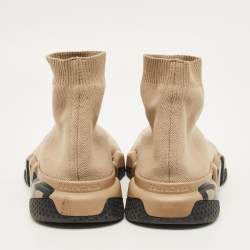 Pre Owned Balenciaga Speed Trainer Size 39 Beige Knit Fabric High Top Sneakers