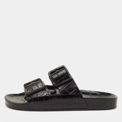 Pre Owned Balenciaga Mallorca Size 41 Black Croc Embossed Leather Banded Buckle Slide Sandals