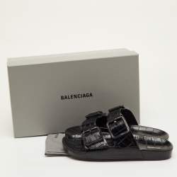 Pre Owned Balenciaga Mallorca Size 41 Black Croc Embossed Leather Banded Buckle Slide Sandals