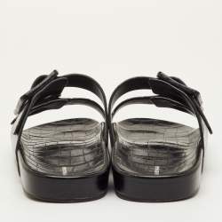 Pre Owned Balenciaga Mallorca Size 41 Black Croc Embossed Leather Banded Buckle Slide Sandals
