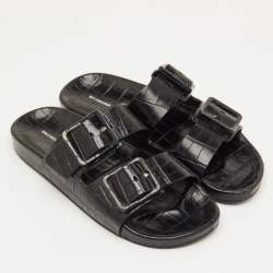 Pre Owned Balenciaga Mallorca Size 41 Black Croc Embossed Leather Banded Buckle Slide Sandals