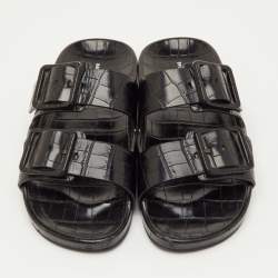 Pre Owned Balenciaga Mallorca Size 41 Black Croc Embossed Leather Banded Buckle Slide Sandals