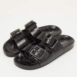 Pre Owned Balenciaga Mallorca Size 41 Black Croc Embossed Leather Banded Buckle Slide Sandals