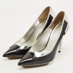 مملوكة مسبقًا حذاء كعب عالي بالنسياغا جلد وجلد لامع أسود/فضي مقدمة مدببة مقاس 38.5