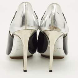 مملوكة مسبقًا حذاء كعب عالي بالنسياغا جلد وجلد لامع أسود/فضي مقدمة مدببة مقاس 38.5