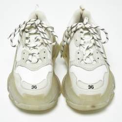 مملوكة مسبقًا Balenciaga Triple S Size 36 White Fabric and Faux Leather Lace Up Sneakers