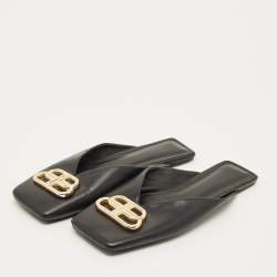 Pre Owned Balenciaga Cosy BB Size 38 Black Leather Flat Mules