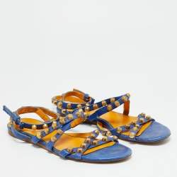 Pre Owned حذاء فلات بحزام للكاحل جلدي أزرق بالنسياغا مقاس 38