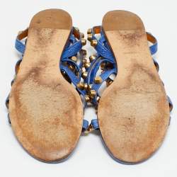 Pre Owned حذاء فلات بحزام للكاحل جلدي أزرق بالنسياغا مقاس 38