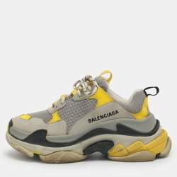 Pre Owned Balenciaga Triple S Size 36 Grey/Yellow Leather and Mesh Lace Up Sneakers
