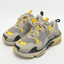 Pre Owned Balenciaga Triple S Size 36 Grey/Yellow Leather and Mesh Lace Up Sneakers