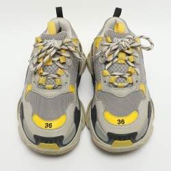 Pre Owned Balenciaga Triple S Size 36 Grey/Yellow Leather and Mesh Lace Up Sneakers