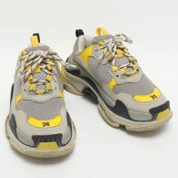 Pre Owned Balenciaga Triple S Size 36 Grey/Yellow Leather and Mesh Lace Up Sneakers