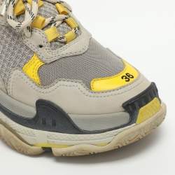 Pre Owned Balenciaga Triple S Size 36 Grey/Yellow Leather and Mesh Lace Up Sneakers