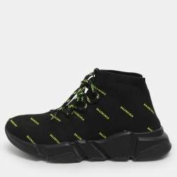 Pre Owned Balenciaga Triple S All Over Logo Size 37 Black Knit Fabric High Top Sneakers