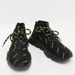Pre Owned Balenciaga Triple S All Over Logo Size 37 Black Knit Fabric High Top Sneakers