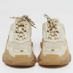 Pre Owned حذاء رياضي بالنسياغا تريبل منقوش شفاف مقاس 39 شبك و جلد منبوك بيج منخفض من أعلى