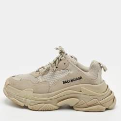 Pre Owned Balenciaga Triple S Size 38 Beige Faux Leather and Mesh Lace Up Sneakers