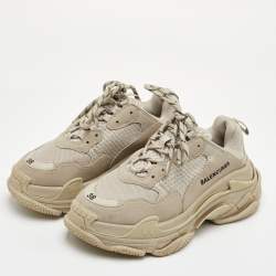 Pre Owned حذاء رياضي بالنسياغا تريبل إس دانتيل شبكي وجلد صناعي بيج مقاس 38