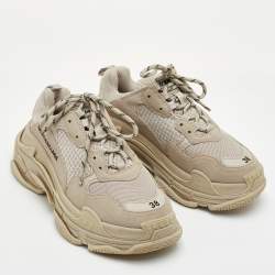 Pre Owned حذاء رياضي بالنسياغا تريبل إس دانتيل شبكي وجلد صناعي بيج مقاس 38