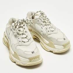 Pre Owned Balenciaga Triple S Size 37 White Faux Leather and Mesh Lace Up Sneakers