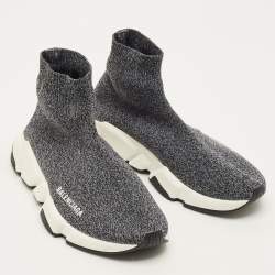 Pre Owned Balenciaga Speed Size 38 Black/Grey Knit Fabric High Slip On Sneakers