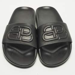 Pre Owned Balenciaga Piscine Size 39 Black Leather Flat Slide