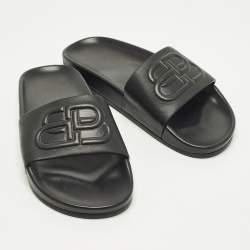 Pre Owned Balenciaga Piscine Size 39 Black Leather Flat Slide