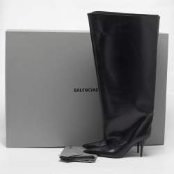 Pre Owned Balenciaga Wader Size 40 Black Leather Knee Length Boots