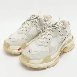 Pre Owned Balenciaga Triple S Size 38 Cream/Grey Leather and Mesh Low Top Sneakers