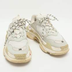 Pre Owned Balenciaga Triple S Size 38 Cream/Grey Leather and Mesh Low Top Sneakers