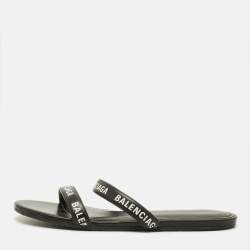 Pre Owned Balenciaga Round Size 37 Black Logo Print Leather Flat Sandals