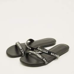 Pre Owned Balenciaga Round Size 37 Black Logo Print Leather Flat Sandals
