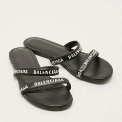 Pre Owned Balenciaga Round Size 37 Black Logo Print Leather Flat Sandals