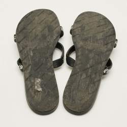 Pre Owned Balenciaga Round Size 37 Black Logo Print Leather Flat Sandals