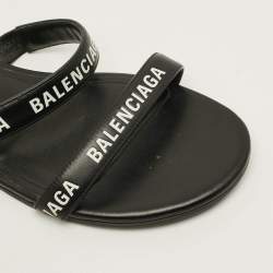 Pre Owned Balenciaga Round Size 37 Black Logo Print Leather Flat Sandals