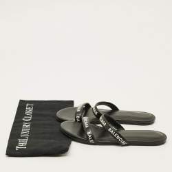 Pre Owned Balenciaga Round Size 37 Black Logo Print Leather Flat Sandals
