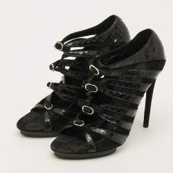 Pre Owned Balenciaga Size 37.5 Black Python Leather Suede Strappy Sandals